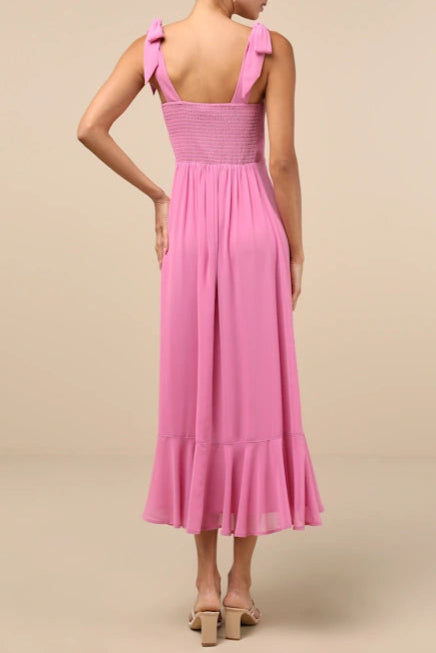 Summer Invite Pink Tie-Strap Tiered Midi Dress
