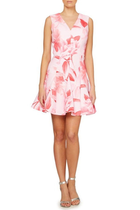 sherry multi pink floral print v-neck mini dress