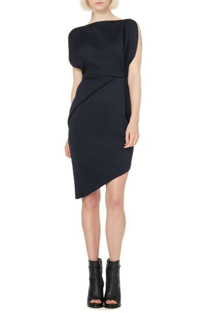 Irregular cutting sleeveless slim mini dress in black