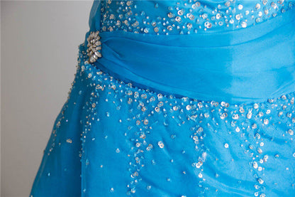 Strapless Beaded Blue Tiered Chiffon Formal Evening Gown