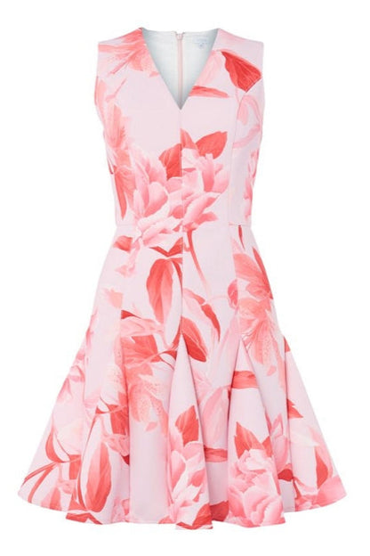 sherry multi pink floral print v-neck mini dress