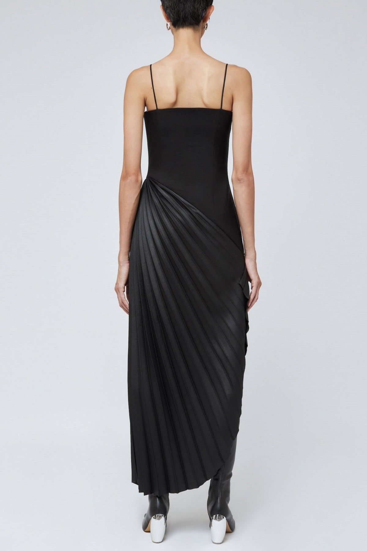 Taron Spaghetti Strap Asymmetric Pleat Maxi Dress