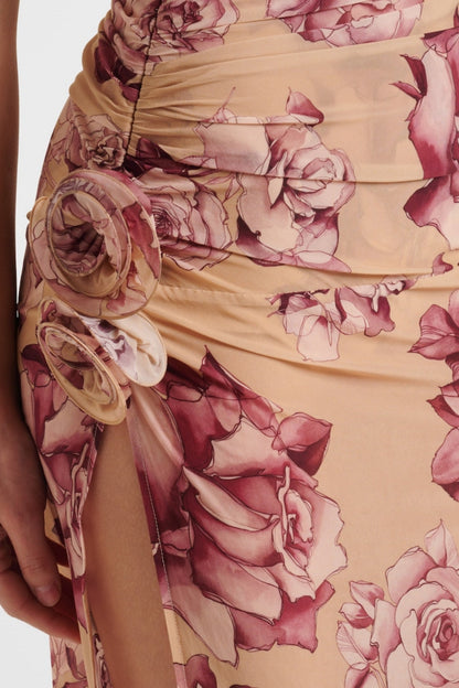 Floral Strapless Ruched Midi Dress