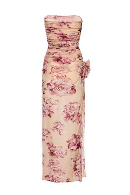 Floral Strapless Ruched Midi Dress