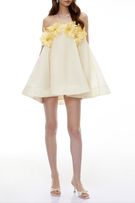 sabrina Off-Shoulder 3D Floral Mini Dress in Yellow