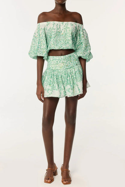 OFF-SHOULDER FLORAL PRINT MINI SKIRT SET IN GREEN