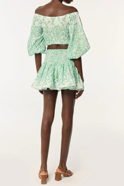 OFF-SHOULDER FLORAL PRINT MINI SKIRT SET IN GREEN