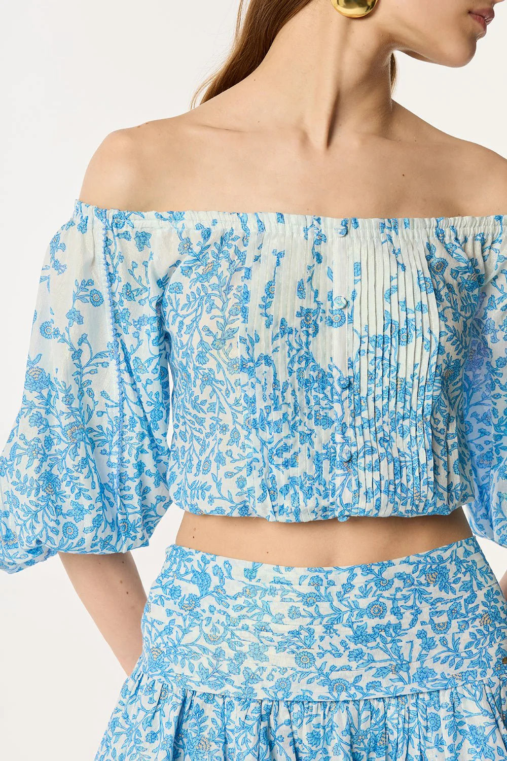 OFF-SHOULDER FLORAL PRINT MINI SKIRT SET IN BLUE