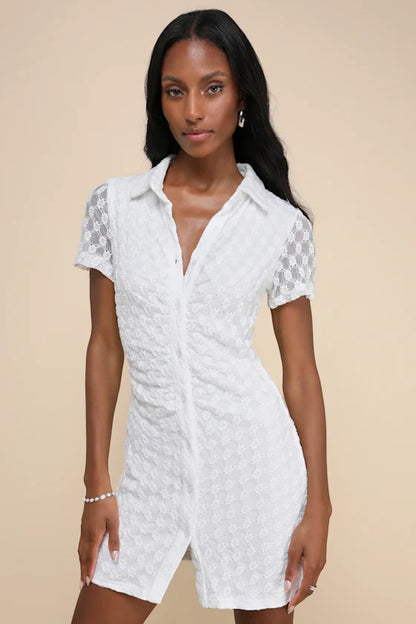 Truly Pristine White Mesh Floral Ruched Button-Up Mini Dress