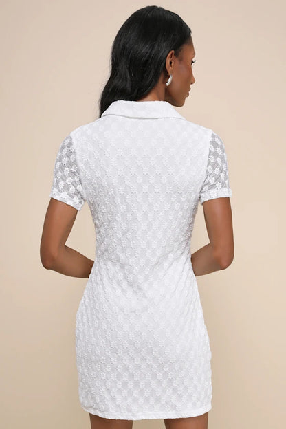 Truly Pristine White Mesh Floral Ruched Button-Up Mini Dress