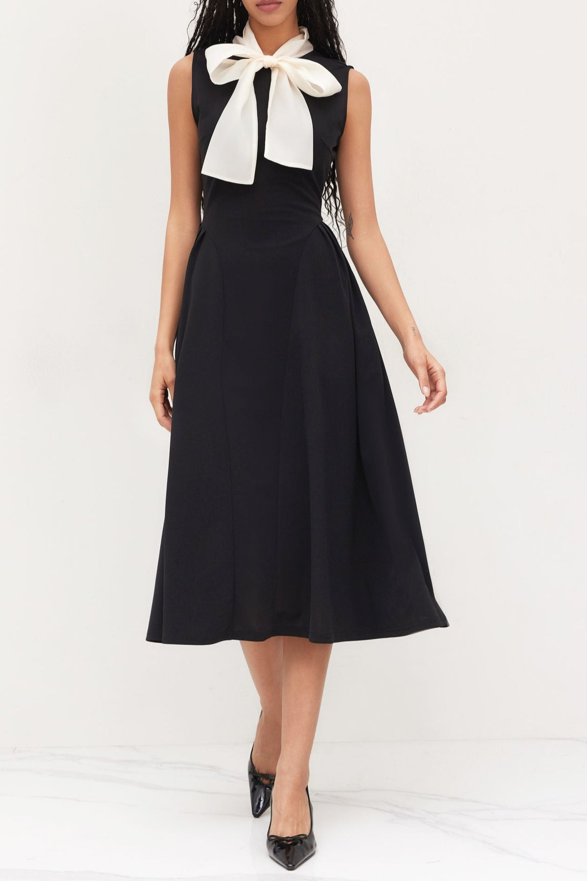 Two Tone Bow Tie Ruffle Midi Dress