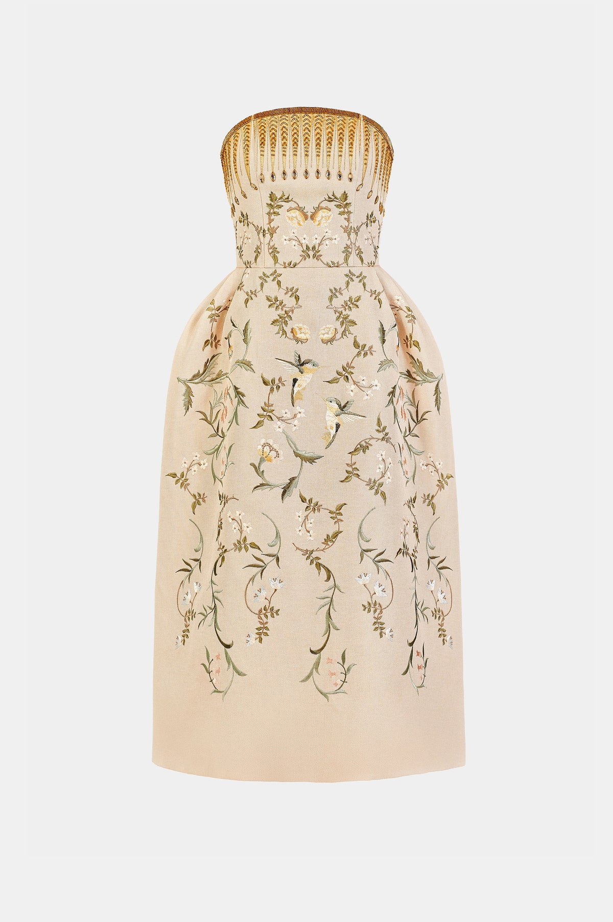 EMBROIDERED PRINTED MIDI DRESS IN BEIGE