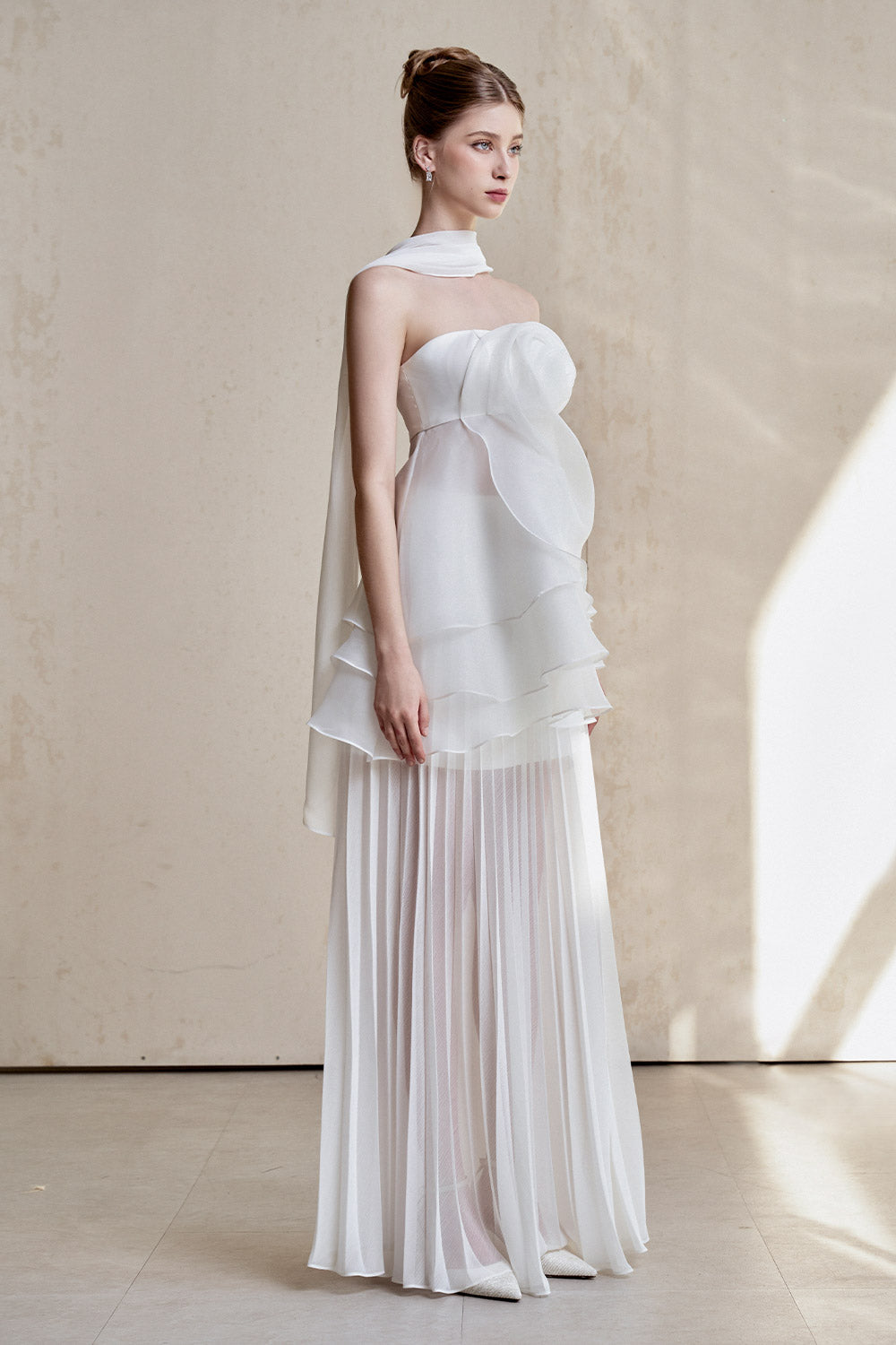 White Strapless Rose Applique Tiered Pleated Maxi Dress