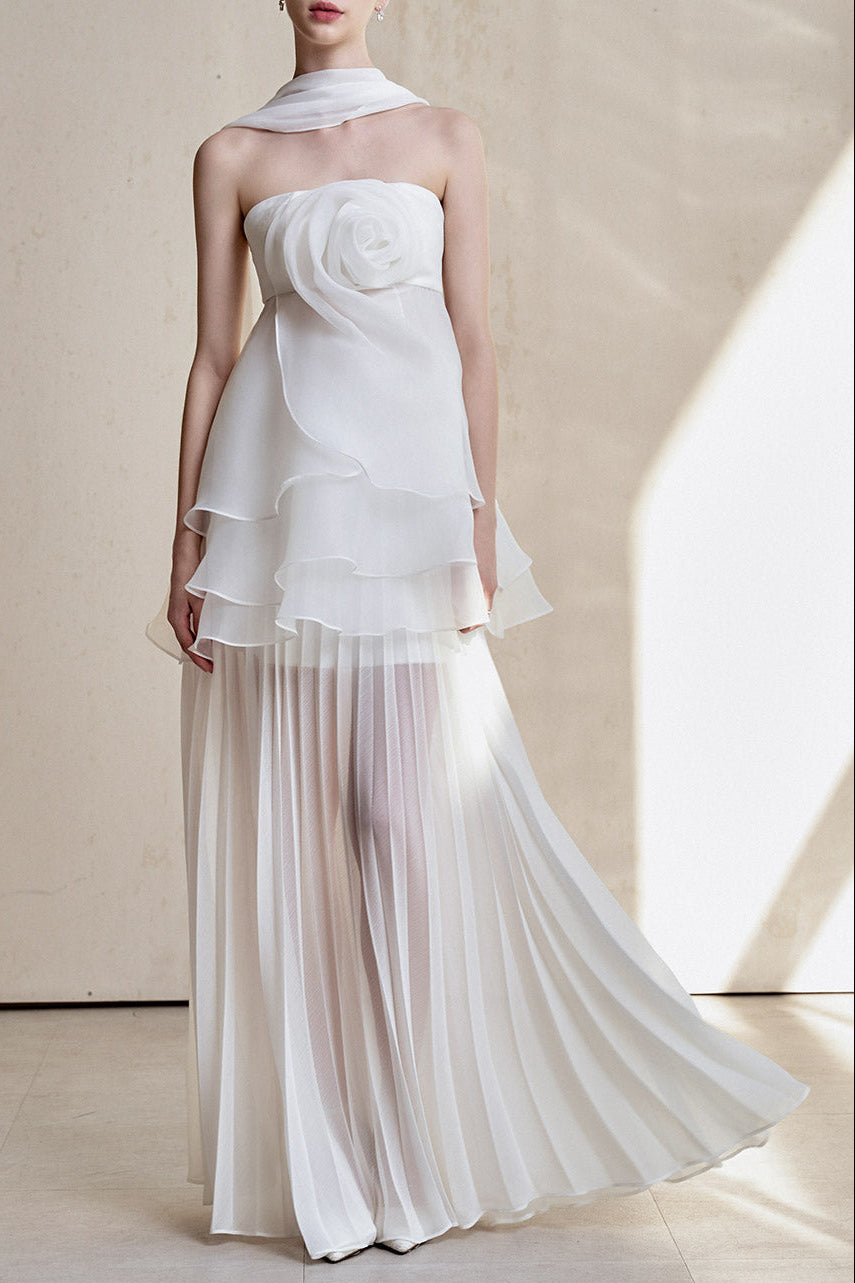 White Strapless Rose Applique Tiered Pleated Maxi Dress