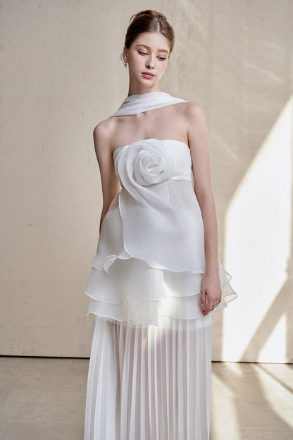 White Strapless Rose Applique Tiered Pleated Maxi Dress