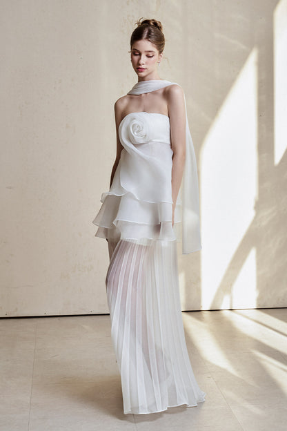 White Strapless Rose Applique Tiered Pleated Maxi Dress