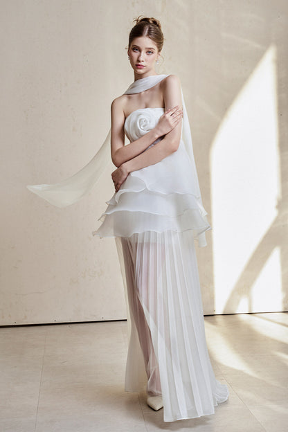 White Strapless Rose Applique Tiered Pleated Maxi Dress