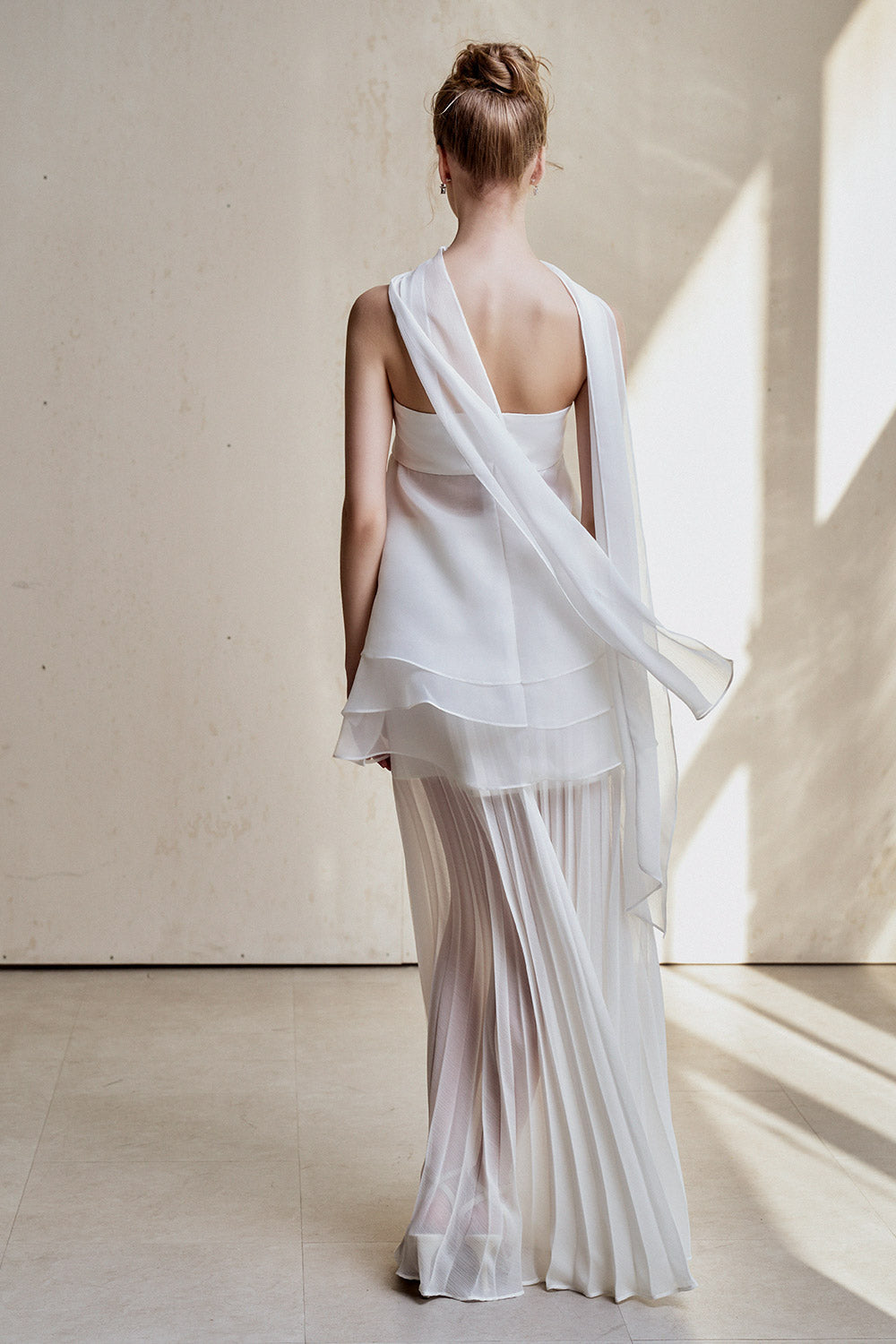 White Strapless Rose Applique Tiered Pleated Maxi Dress