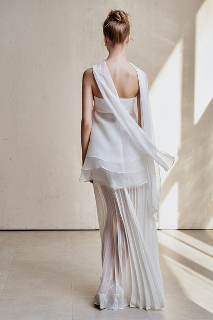 White Strapless Rose Applique Tiered Pleated Maxi Dress