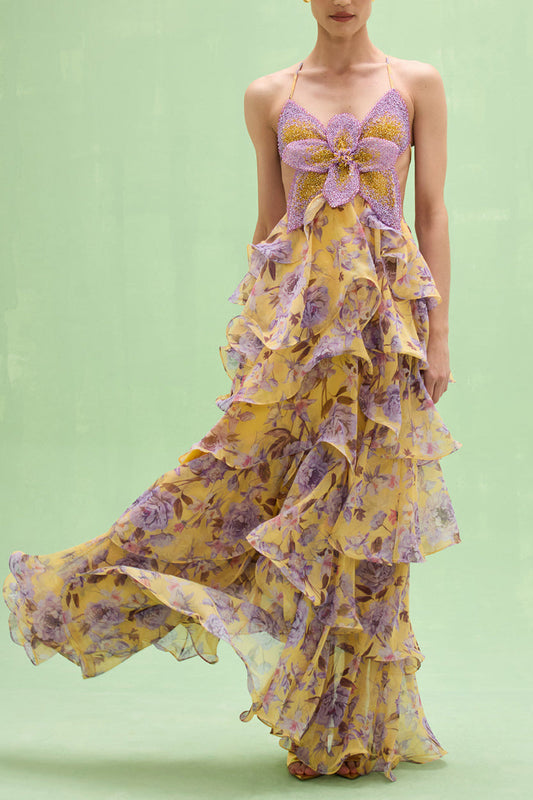 mavis Embroidered beaded hibiscus print halter neck long chiffon maxi dress - purple / yellow
