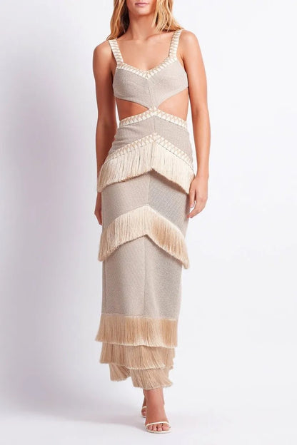 VALENTINA CUT-OUT FRINGE KNIT MAXI DRESS