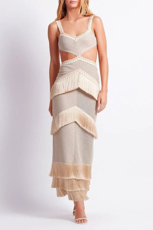VALENTINA CUT-OUT FRINGE KNIT MAXI DRESS