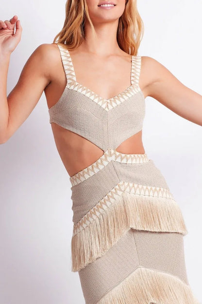 VALENTINA CUT-OUT FRINGE KNIT MAXI DRESS