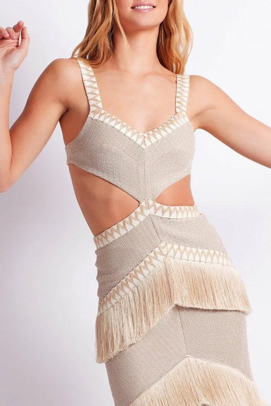VALENTINA CUT-OUT FRINGE KNIT MAXI DRESS