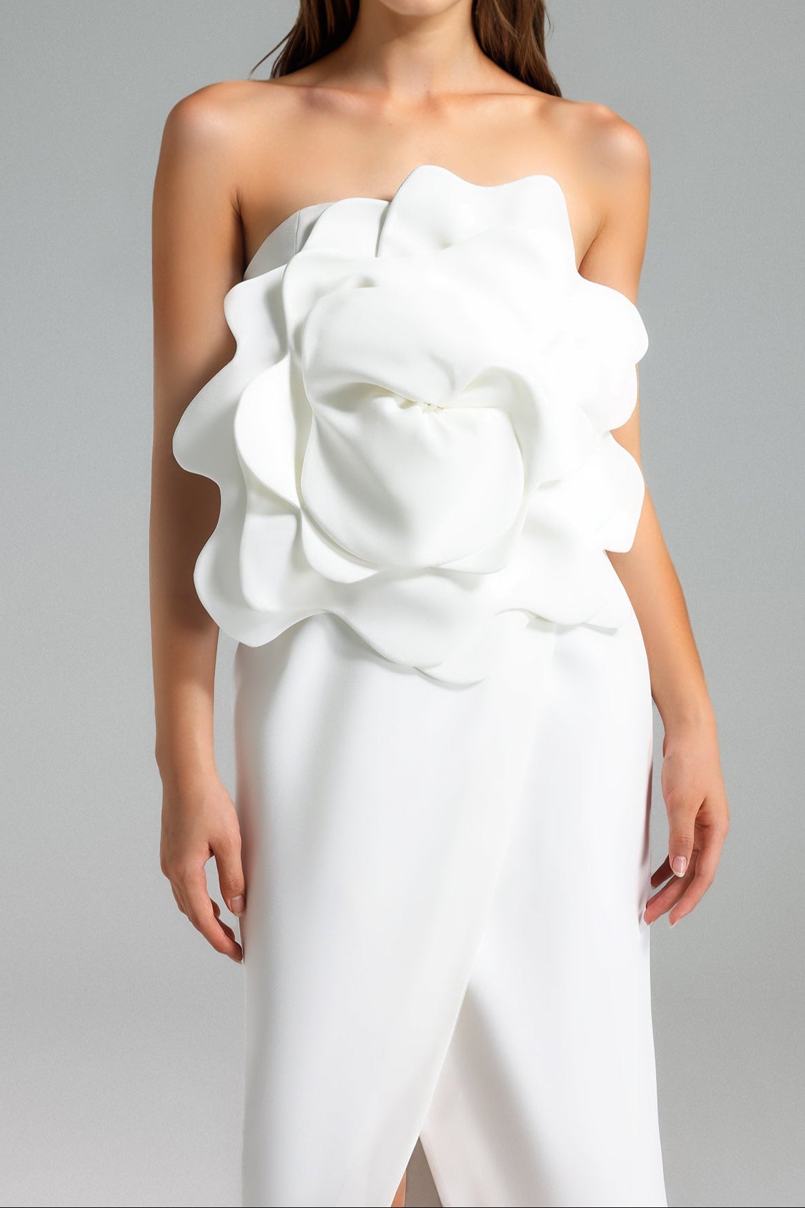 Valery 3d Flower Slit Midi Dress - White