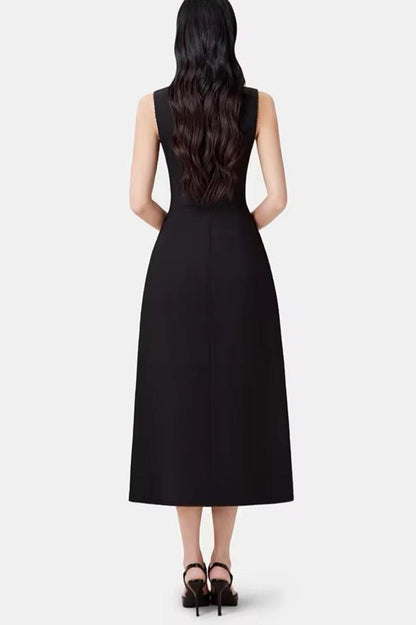 Asymmetric Collar Sleeveless Midi Dress - Black