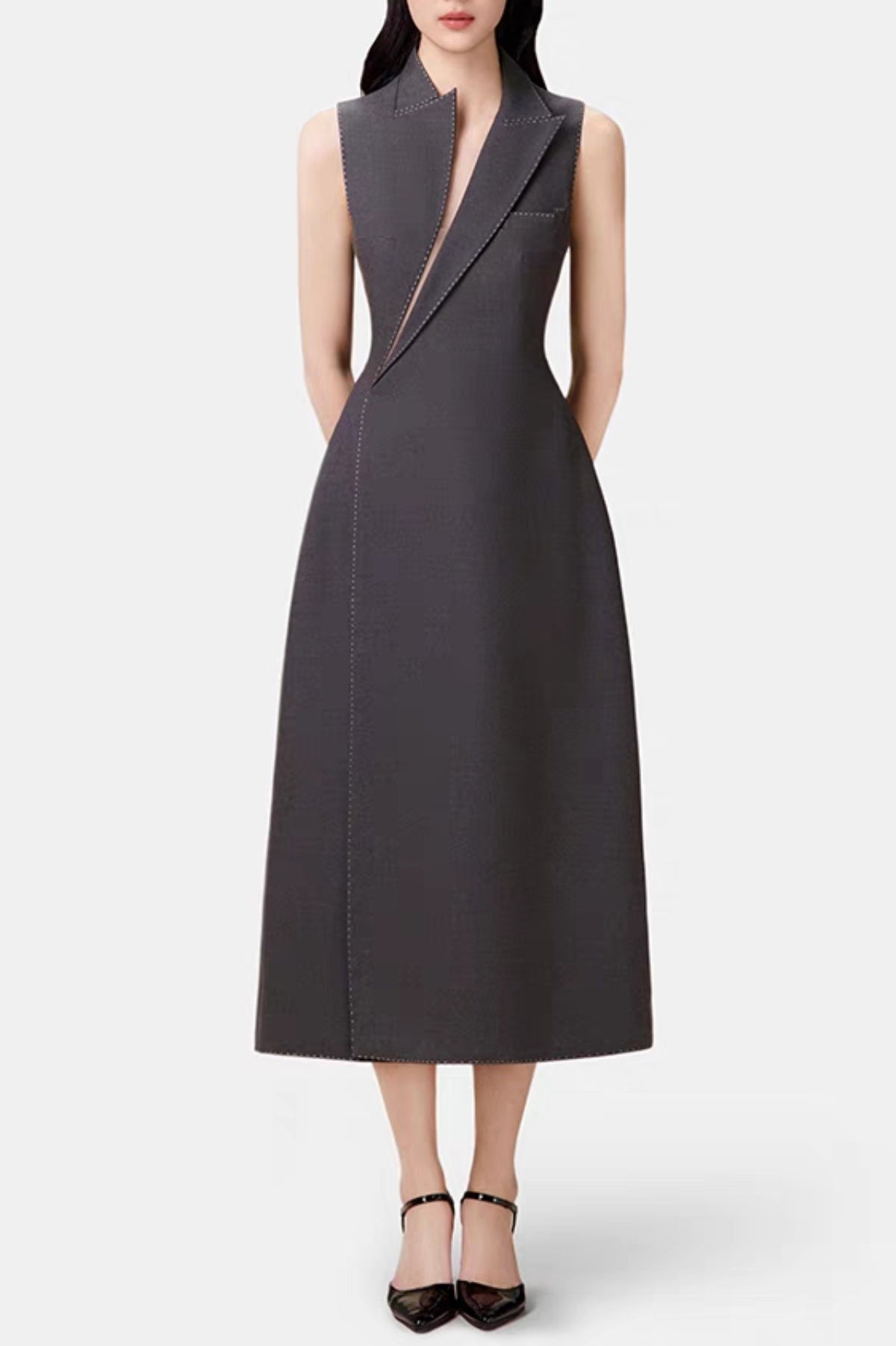 Asymmetric Collar Sleeveless Midi Dress - Grey