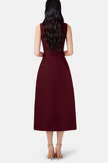 Asymmetric Collar Sleeveless Midi Dress - Wine