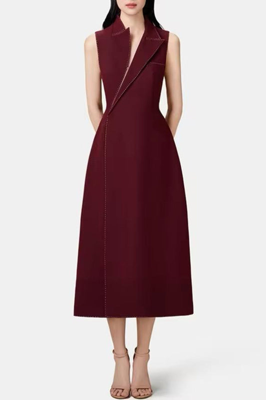 Asymmetric Collar Sleeveless Midi Dress - Wine