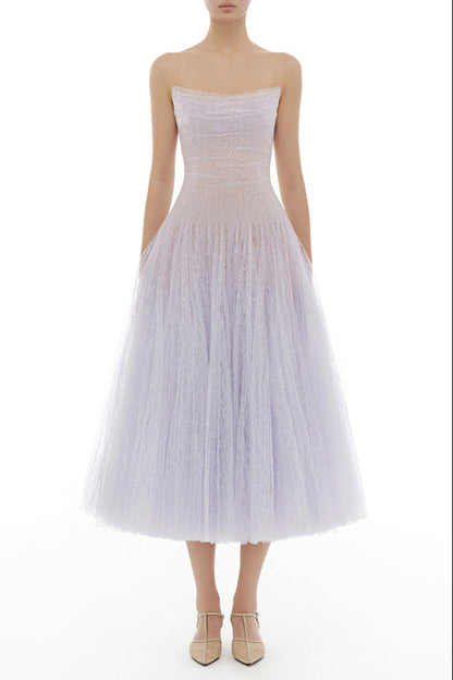 VIOLET DRAPED LACE MIDI DRESS