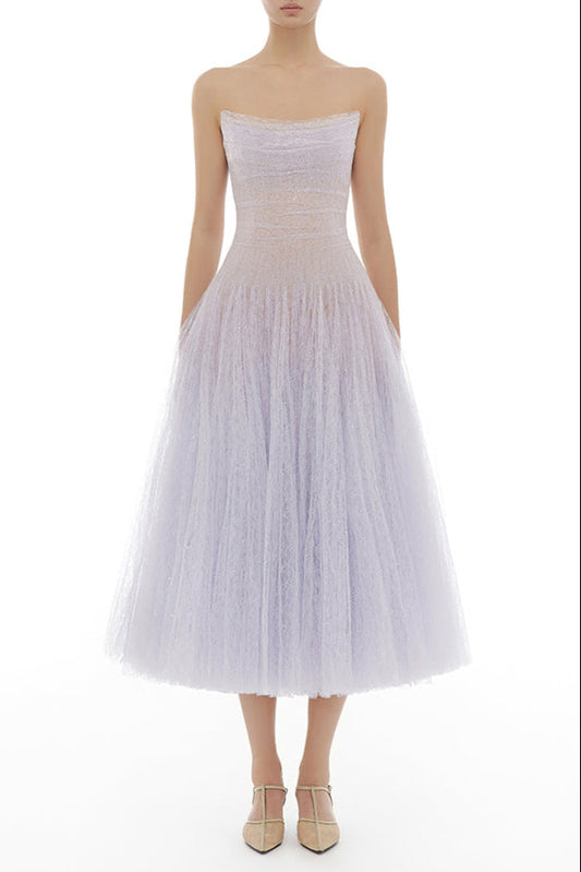 VIOLET DRAPED LACE MIDI DRESS