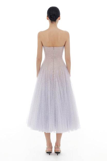 VIOLET DRAPED LACE MIDI DRESS