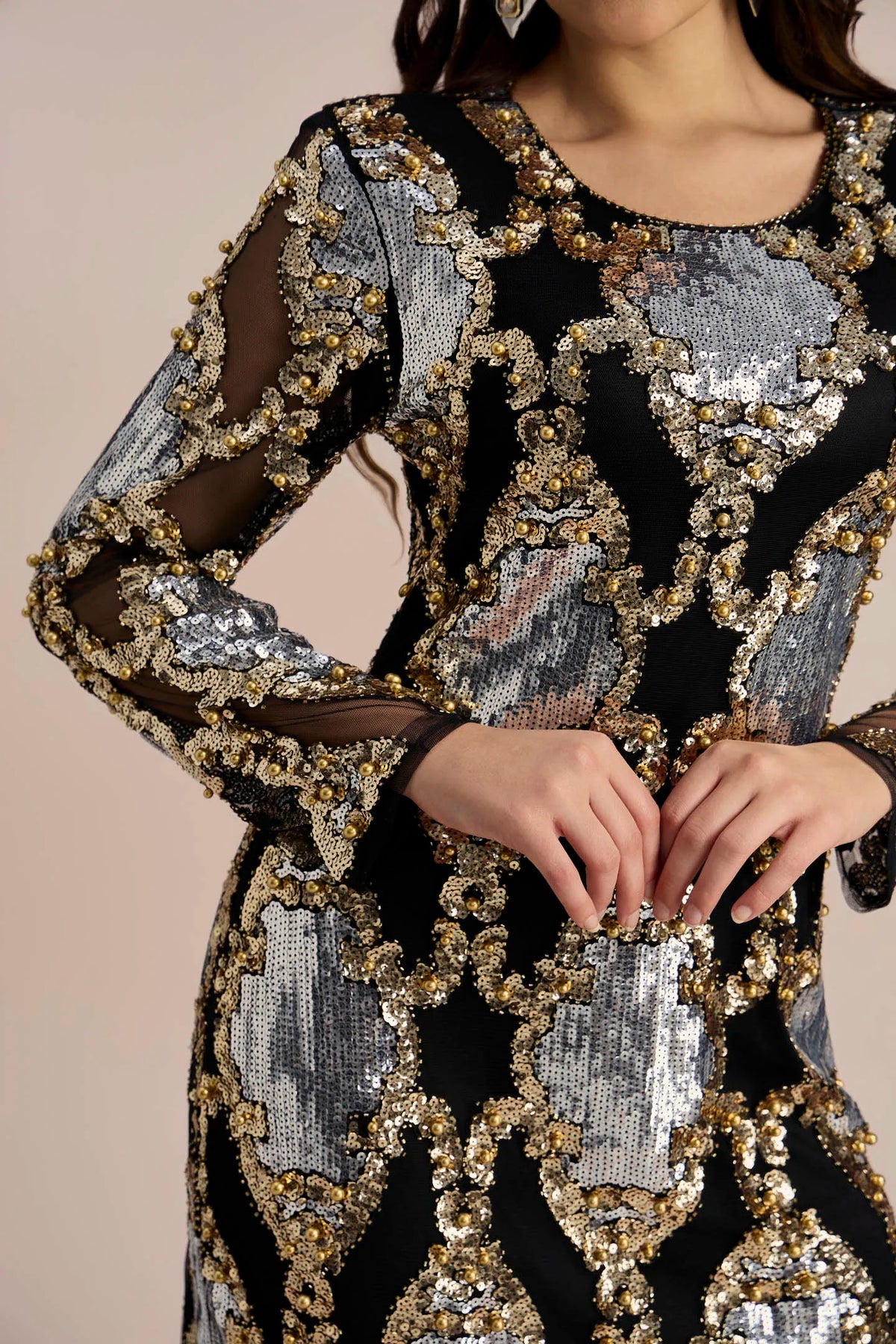 VIVIEN SEQUINS EMBROIDERY SHEER MINI DRESS