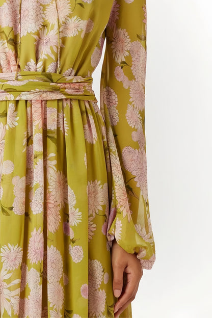 selena floral lace up puff sleeve maxi dress