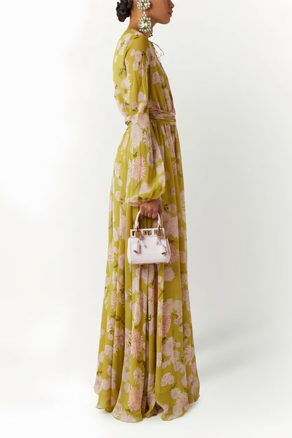 selena floral lace up puff sleeve maxi dress