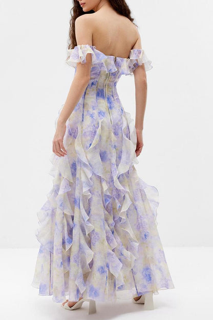 helen Floral Frill Off-Shoulder Maxi Dress in blue