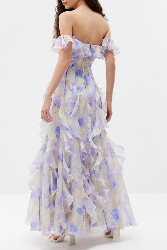 helen Floral Frill Off-Shoulder Maxi Dress in blue