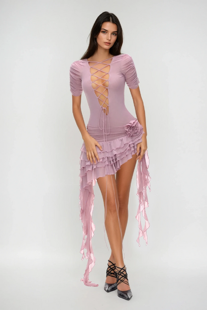 Waldek Lace Up Plunge Asymmetric Ruffle Mini Dress