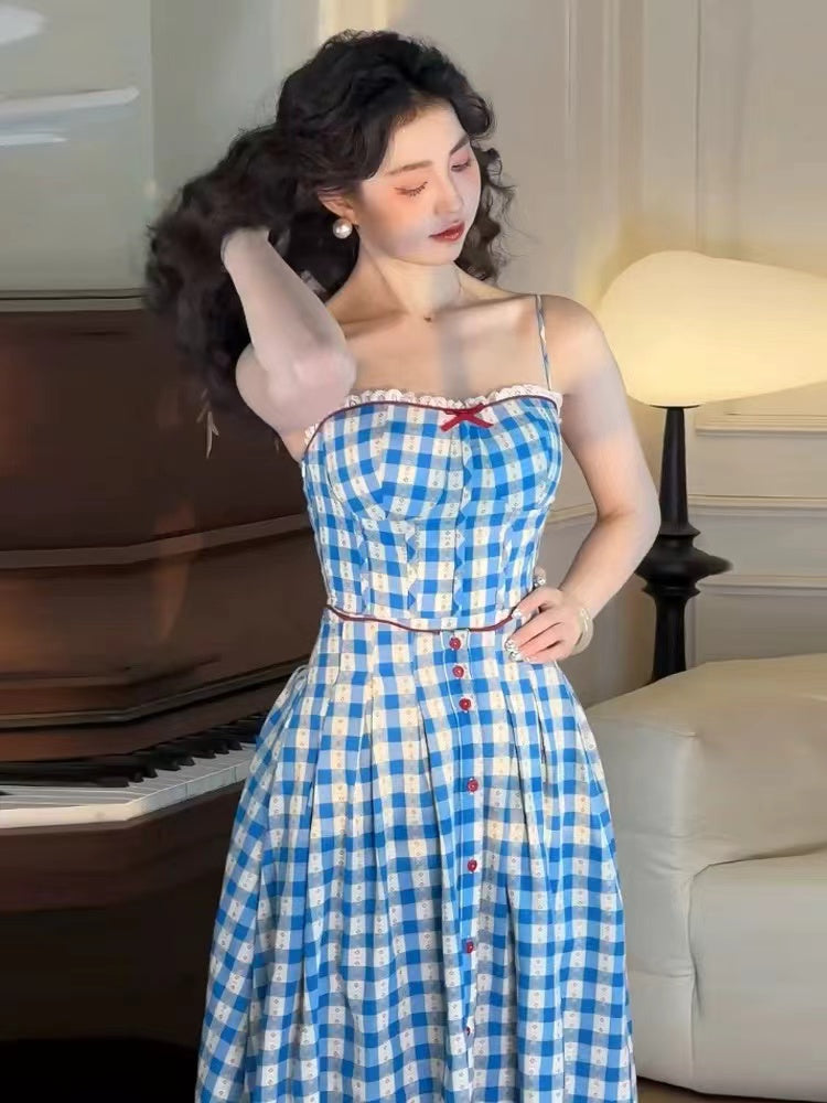 virginia plaid strap maxi dress in blue