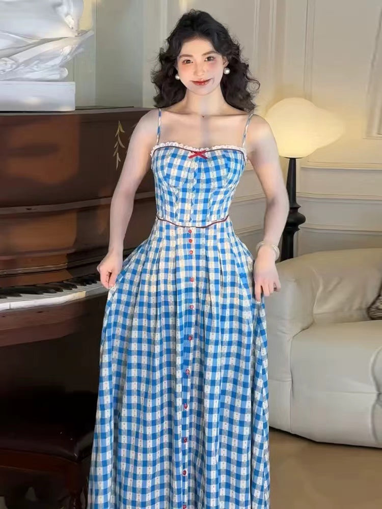 virginia plaid strap maxi dress in blue