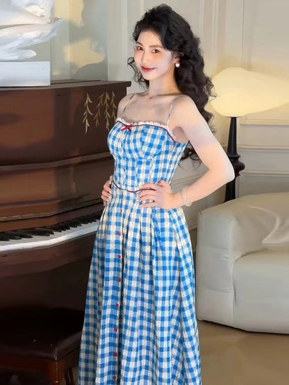 virginia plaid strap maxi dress in blue