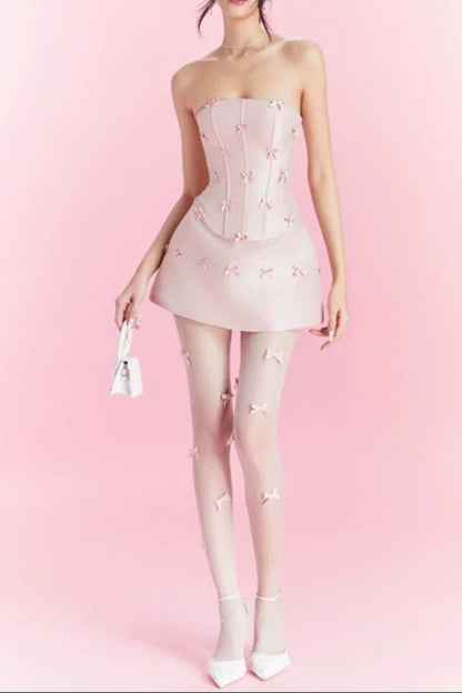 PINK BOW EMBELLISHED STRAPLESS MINI DRESS SET