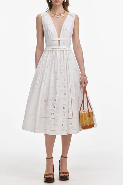 White Cotton Broderie Midi Dress