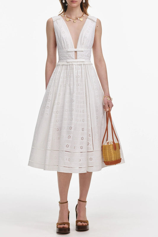 White Cotton Broderie Midi Dress