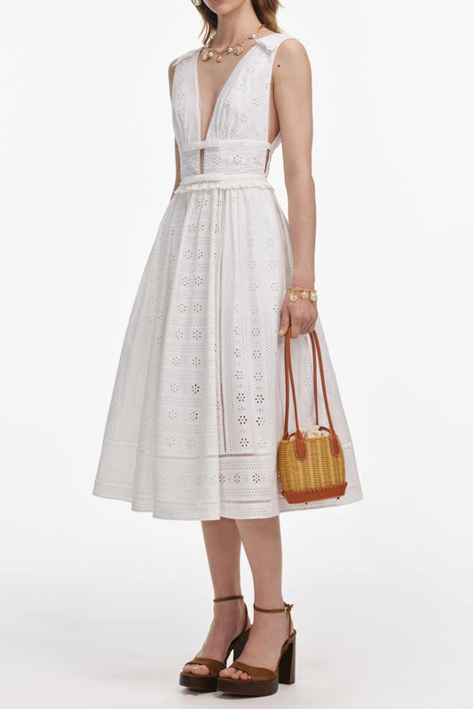 White Cotton Broderie Midi Dress