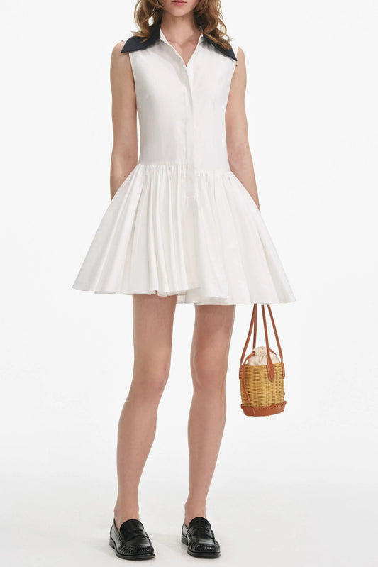 White Cotton Contrast Collar Mini Dress